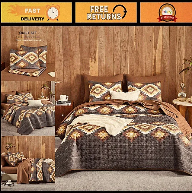 Aztec Southwestern Quilt Set, Rustic Farmhouse Bedspread, Reversible 3-Piece Kin