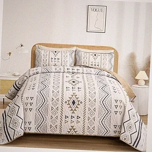 Boho Size Aztec Quilt Set 3 Pieces Lightweight Fall Quilt Beddding Queen Khaki