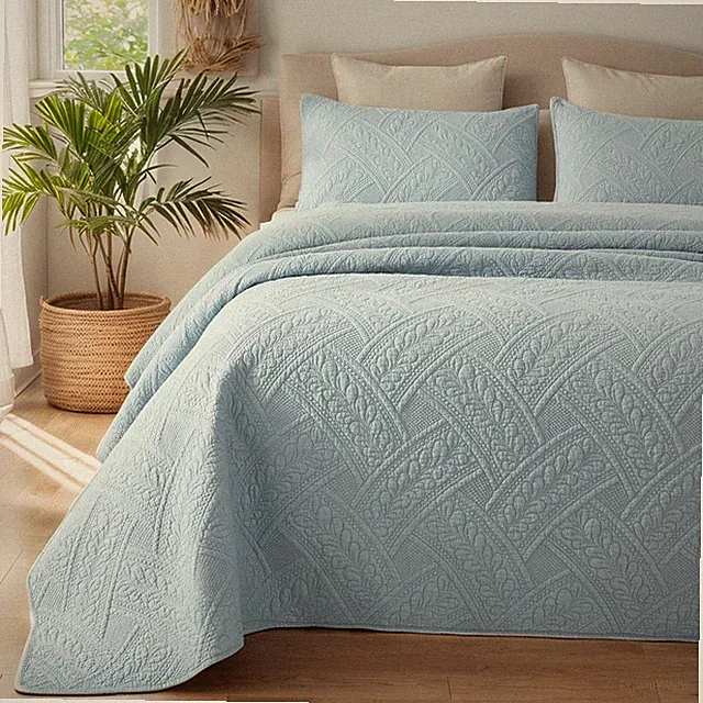 Brandream Queen Size Quilt Set Cotton Elegant Light Blue Matelasse Coverlet Set