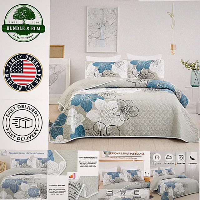 Contemporary Blue Flower Quilt Set with 2 Shams, Microfiber All Season Bedding