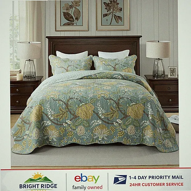 Garden Style King Quilt Set with Soft Cotton Cover and Floral Pillow Cases