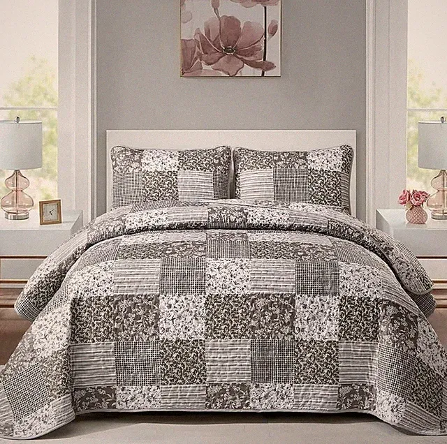 King Queen Size Bedspreads Set-Grey Coverlets Patchwork Comforter Bed Set