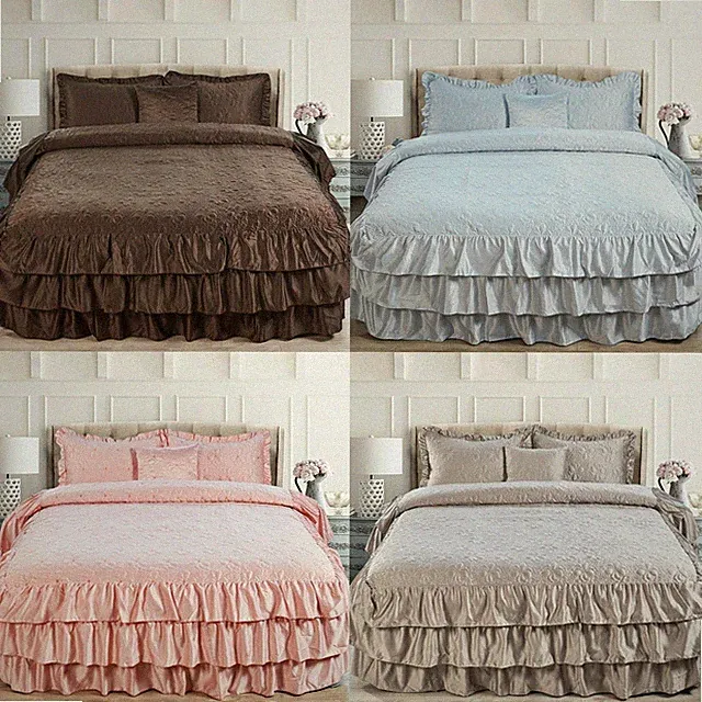 Lux 4Piece Matte Satin Bedding Set Reversible Ruffle Quilted Coverlet Queen/King