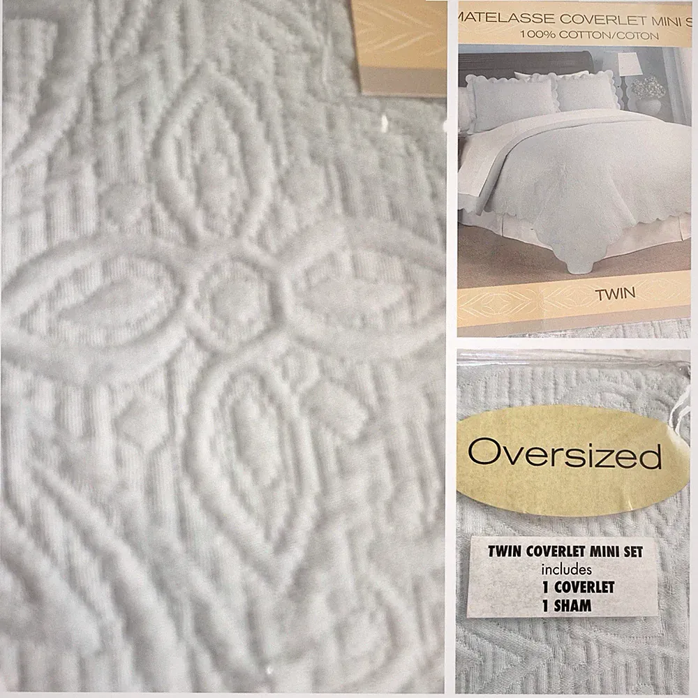 Matelasse Scalloped Oversized Twin Pale Blue Cotton Quilt Set Coverlet New