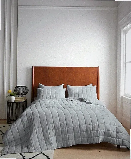 NWT QUINCE EUROPEAN LINEN BOX QUILT ONLY FULL QUEEN MIST COVERLET MSRP $160