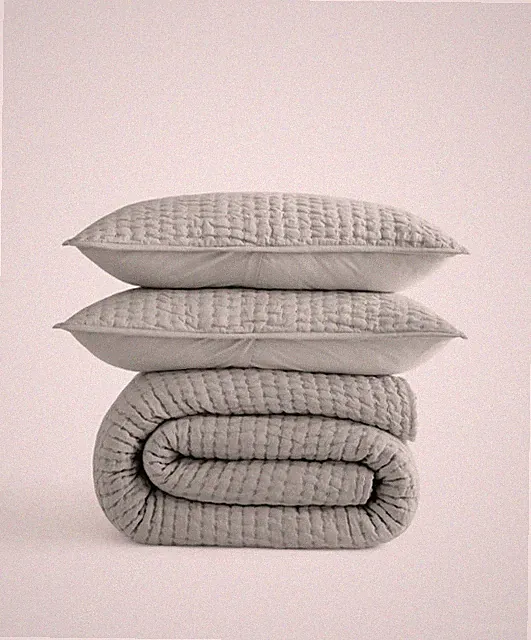 NWT QUINCE EUROPEAN LINEN COTTON STITCH QUILT SET FULL QUEEN MIST MSRP $189.90