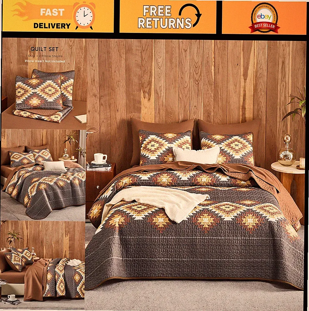 Southwestern Aztec Quilt Set - Reversible Lightweight Bedspread, 3 Pieces, King