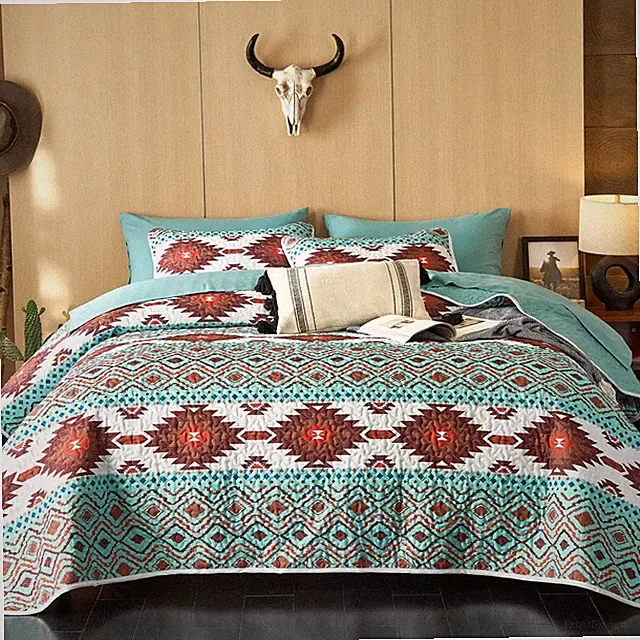 Southwestern Aztec Quilt Set, Reversible Lightweight Bedspread, 3 Pieces, King S