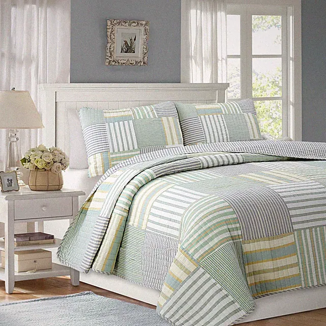 Spa Green Real Patchwork 100%Cotton Quilt Set, Bedspread, Coverlet