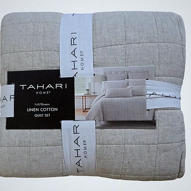 Tahari Linen Cotton Full Queen Quilt Set Cobblestone 2 Shams Neutral Bedding New