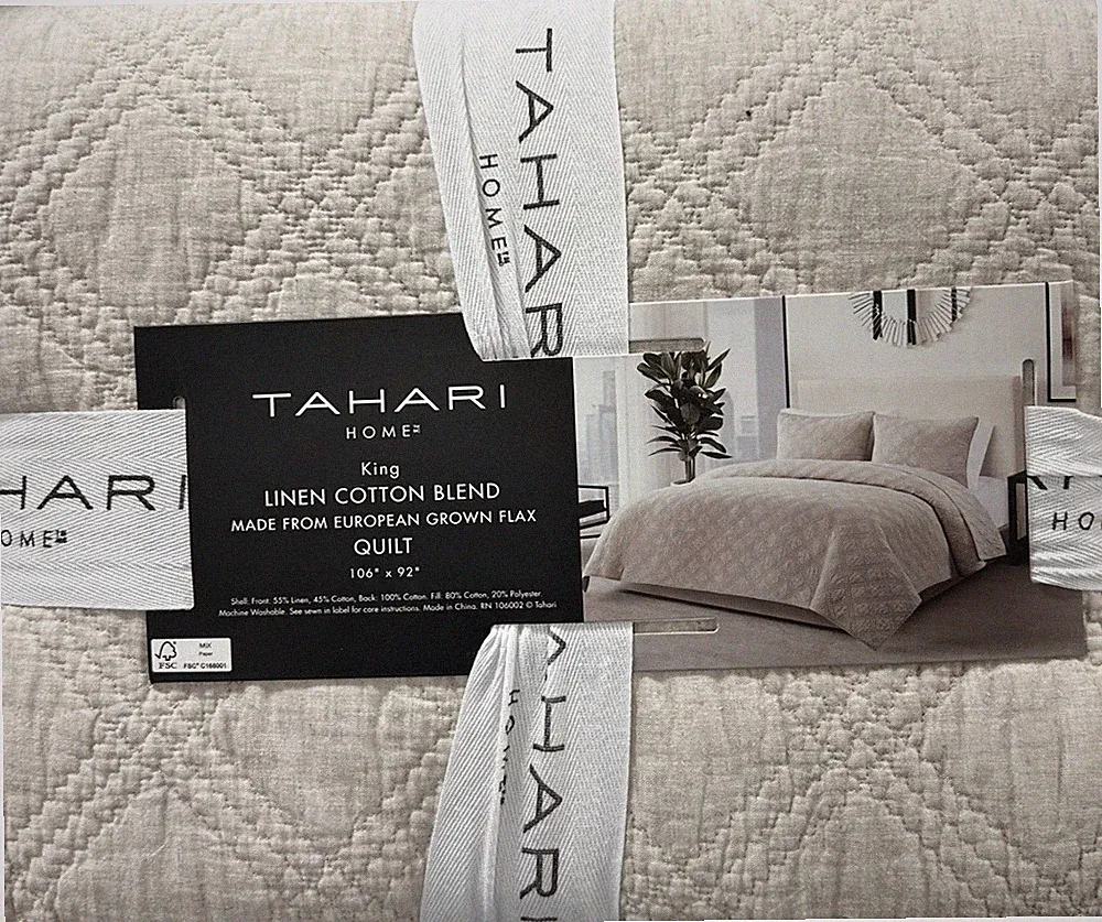 Tahari Natural King Linen Cotton Blend Quilt European Grown Flax 106”x92”