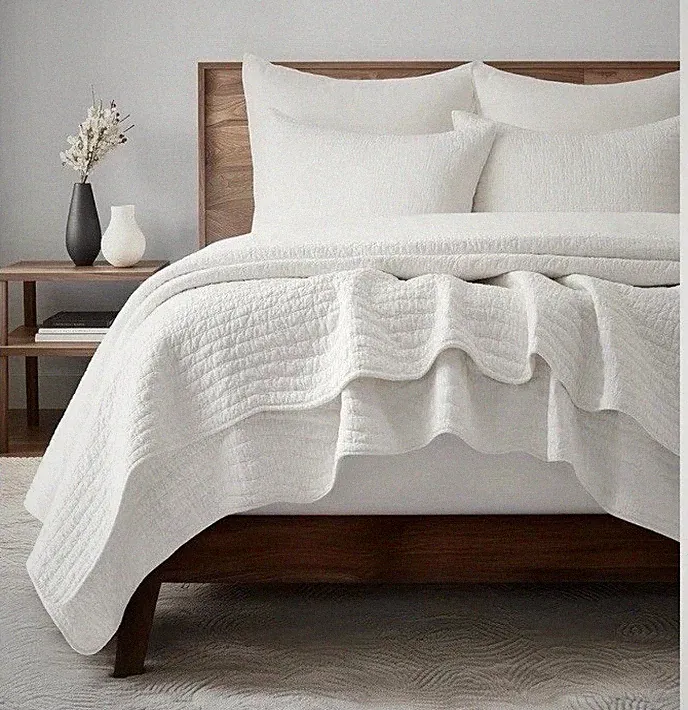 White Cotton Quilt Set King Cal King Size 3 Piece Coverlet Bedspread
