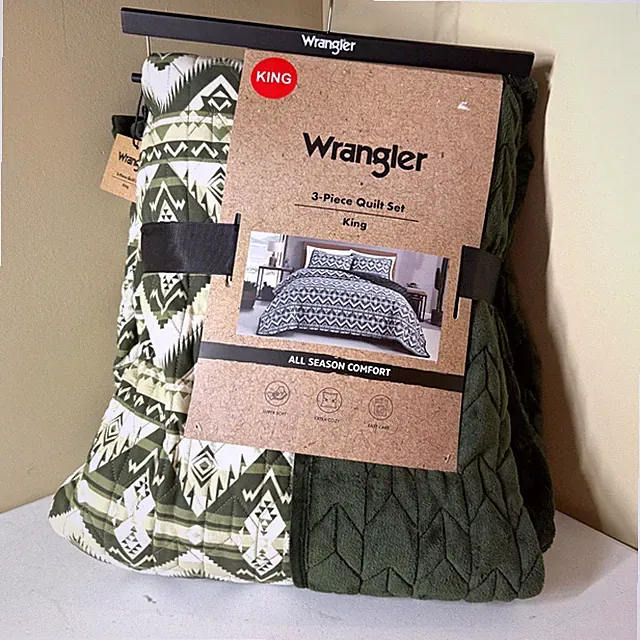 Wrangler 3-Piece King Green Aztec Plush Reversible Quilt Set NWT Heavy